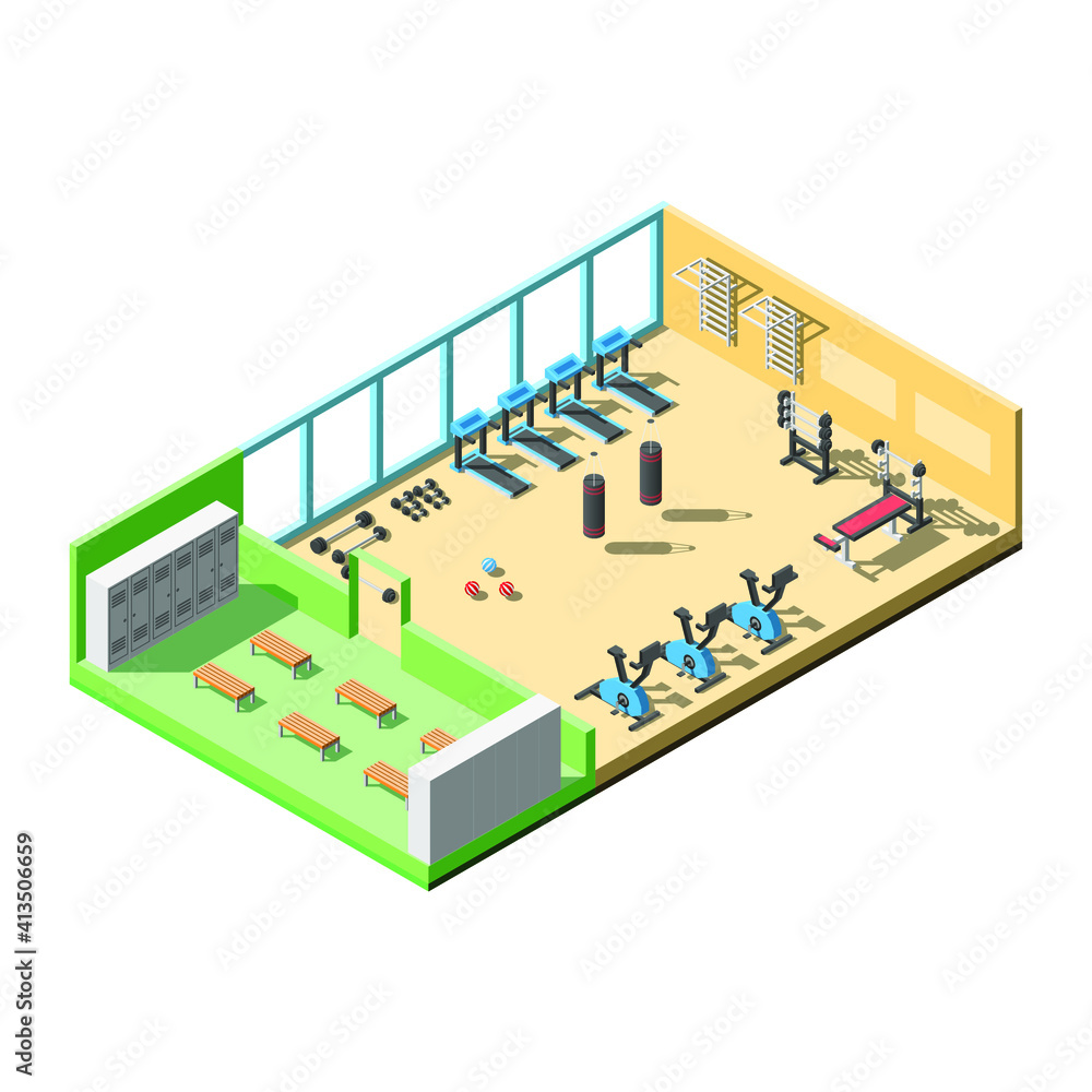 Abstarct Isometric 3D Gym Interior Sport Vector Design Style Abstarct Isometric 3D Gym Interior Sport Vector Design Style