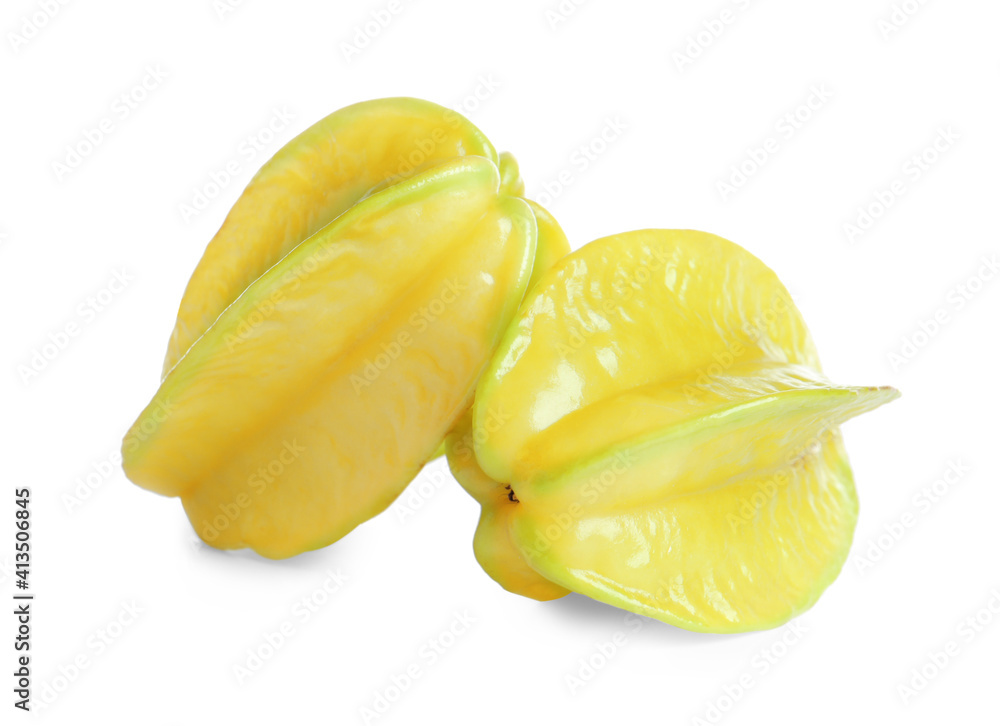 Delicious ripe carambolas on white background. Exotic fruit Delicious ripe carambolas on white background. Exotic fruit