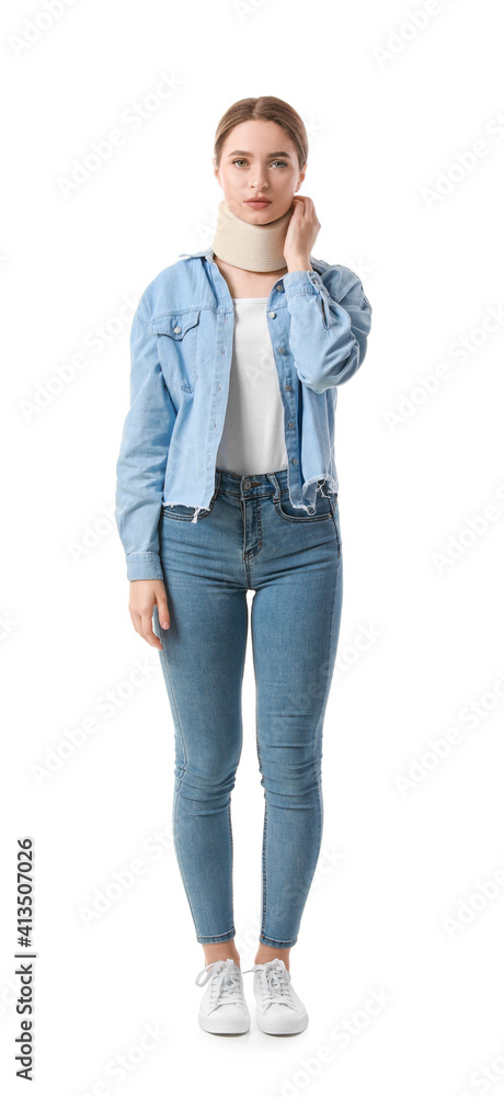 Young woman with cervical collar on neck against white background Young woman with cervical collar on neck against white background