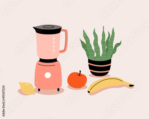 Vector blender and fruits for smoothie. Kitchen poster, print . Cartoon flat illustration