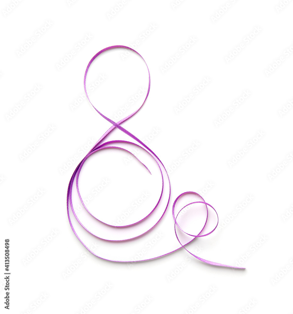 Figure 8 made of violet ribbon on white background. International Women's Day celebration Figure 8 made of violet ribbon on white background. International Women's Day celebration