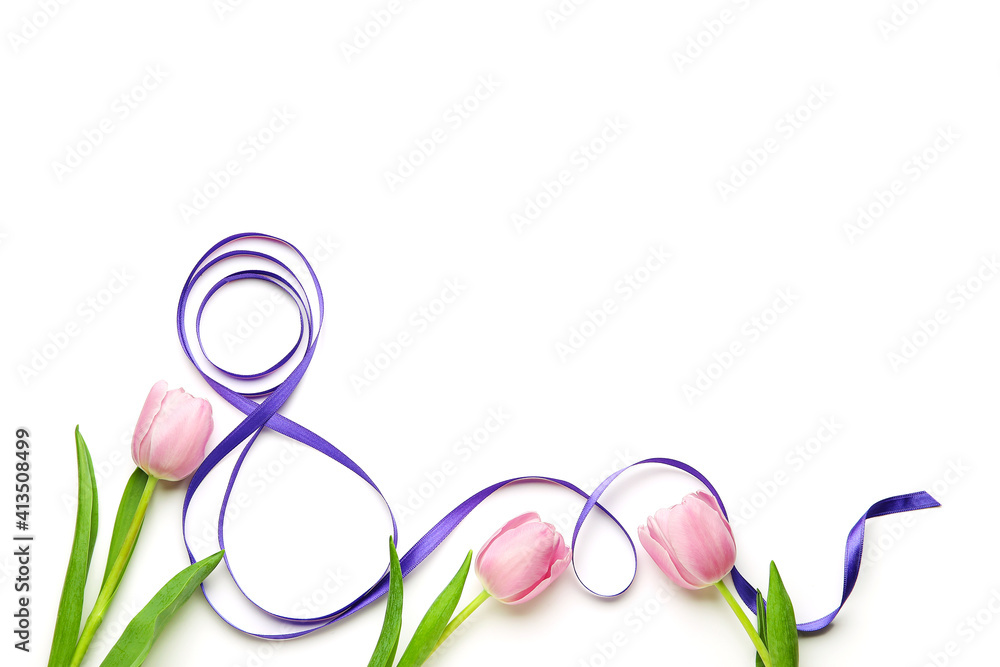 Figure 8 made of violet ribbon and tulip flowers on light background. International Women's Day celebration Figure 8 made of violet ribbon and tulip flowers on light background. International Women's Day celebration