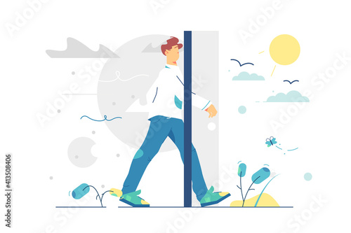Portal door to better living vector illustration. Man step from grey and sad life to sunny and happy life flat style. New life, change your mind, season change concept. Isolated on white background