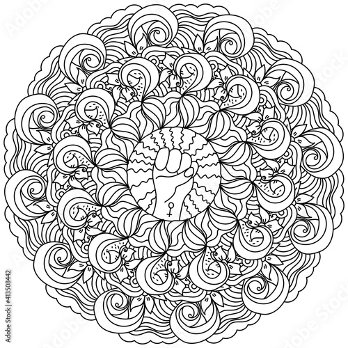 Girl power mandala, clenched fist with female symbol and coloring page in the form of a round ornate frame with patterns and curls