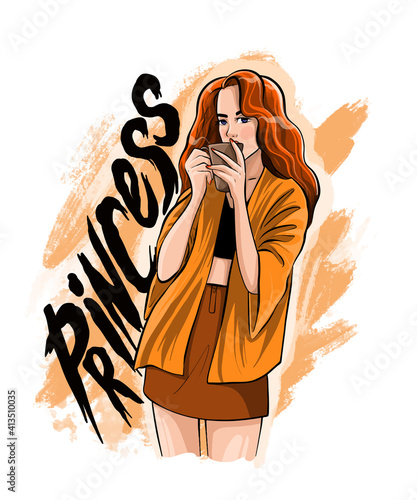 Princess slogan. Hand drawn beautiful young woman with coffee. Print for T-shirt.Fashion woman look. Sketch. Vector illustration
