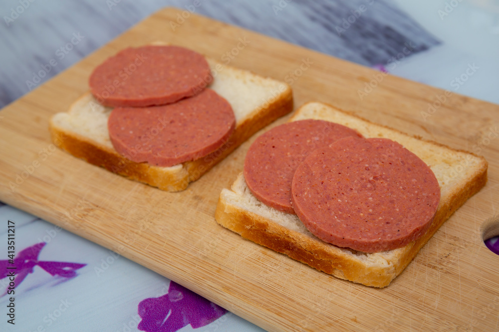 top view sandwich standing on wooden board top view sandwich standing on wooden board