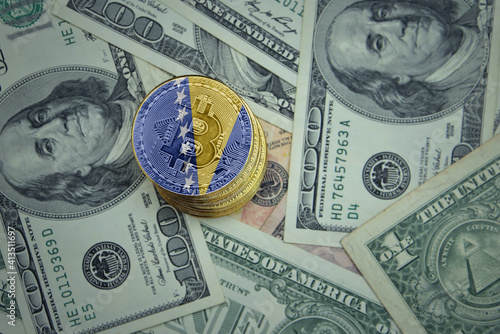 golden shining bitcoins with flag of bosnia and herzegovina on a dollar money background. photo