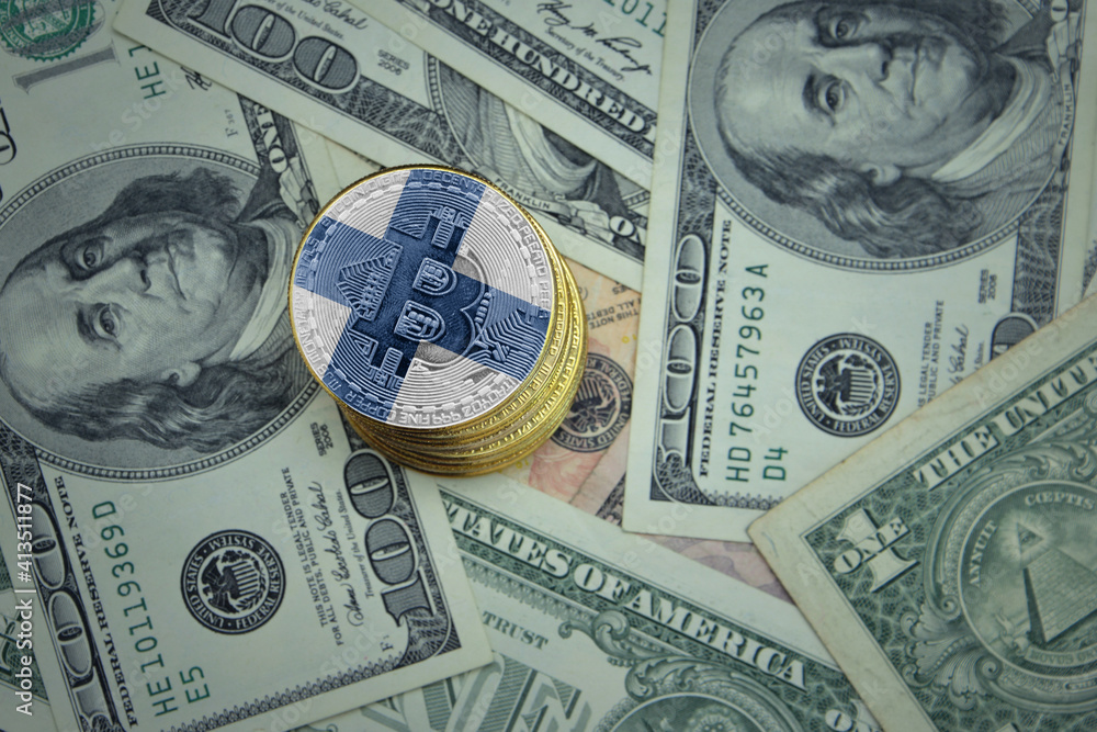 golden shining bitcoins with flag of finland on a dollar money background. golden shining bitcoins with flag of finland on a dollar money background.