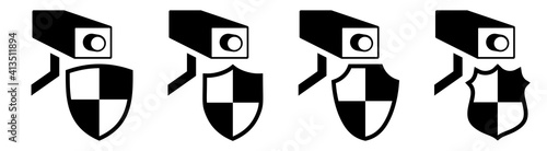 CCTV camera icon behind shield, different versions.  Monitoring protection and security concept