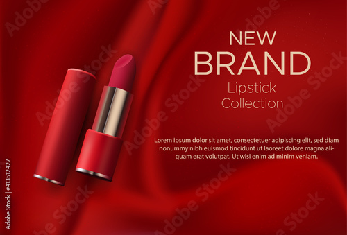 Cosmetics design red lipstick on a red silk background