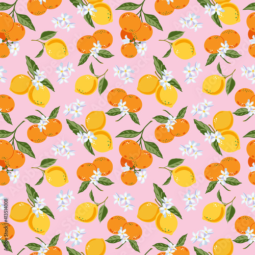 Fototapeta Naklejka Na Ścianę i Meble -  Flowering branches of lemon and tangerine Tropical fruits, leaves, flowers. Seamless vector pattern. For summer romantic covers, tropical wallpapers, wrapping paper, clothes, packages.