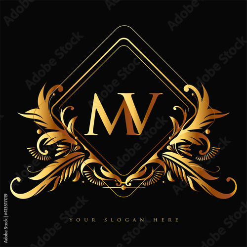 Initial logo letter MV with golden color with ornaments and classic pattern, vector logo for business and company identity.