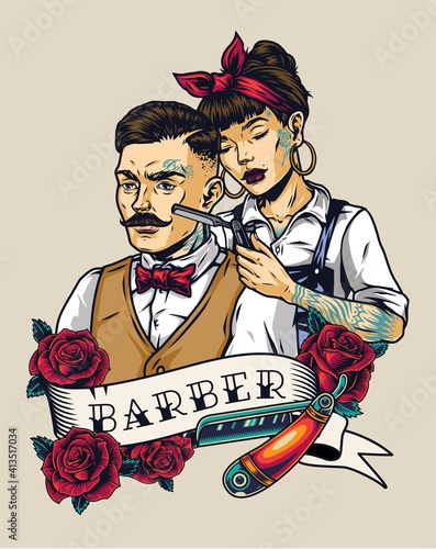 Colorful vintage barbershop badge