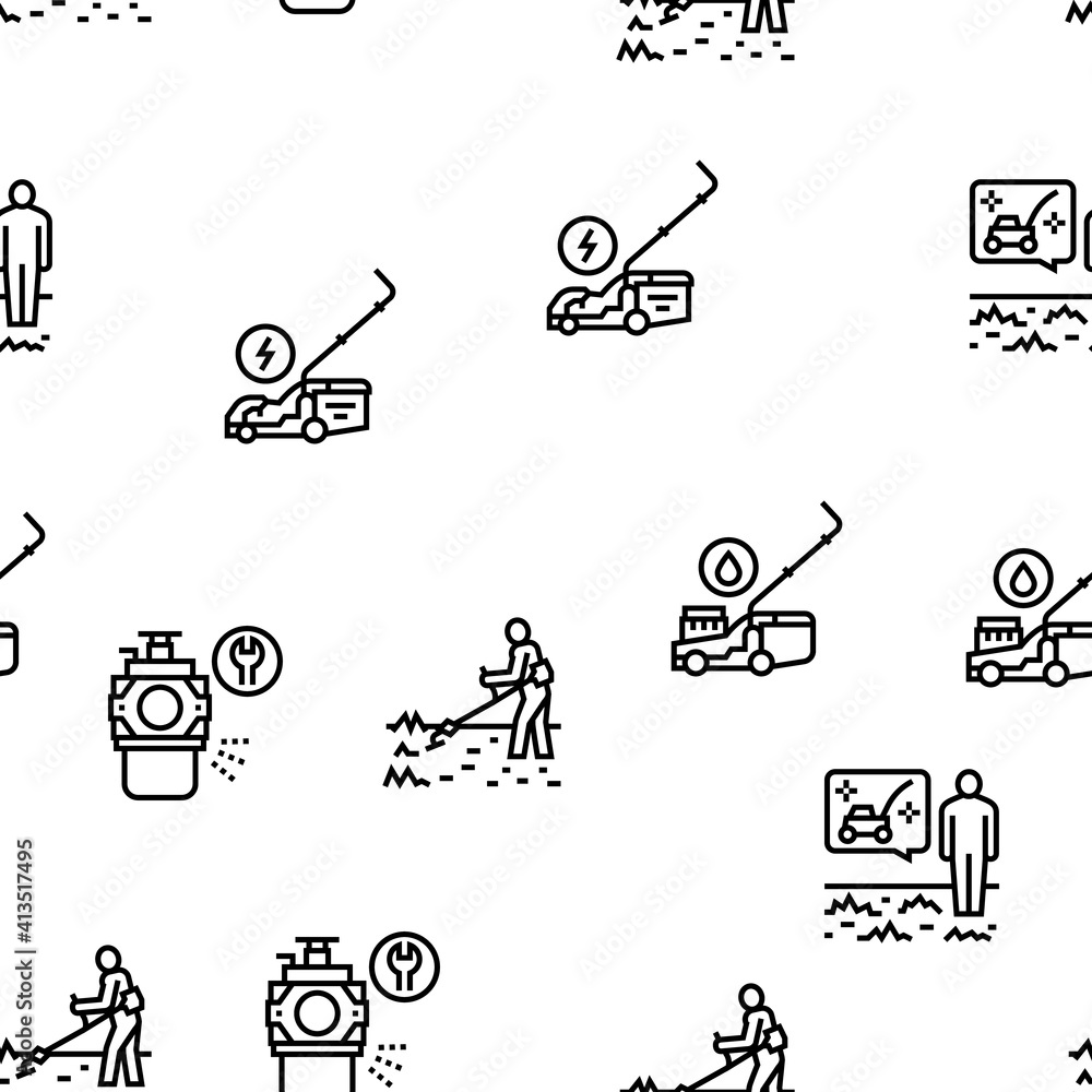 Lawn Mower Equipment Vector Seamless Pattern Thin Line Illustration Lawn Mower Equipment Vector Seamless Pattern Thin Line Illustration