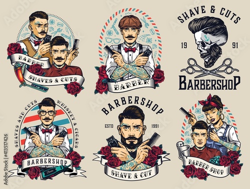 Vintage barbershop colorful labels set photo
