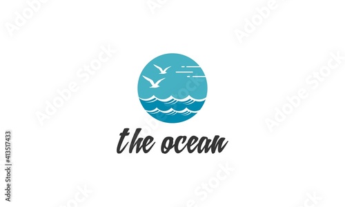ocean logo with waves and flying birds on white background