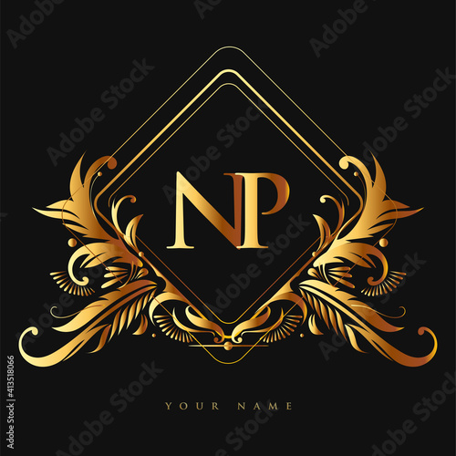 Initial logo letter NP with golden color with ornaments and classic pattern, vector logo for business and company identity.