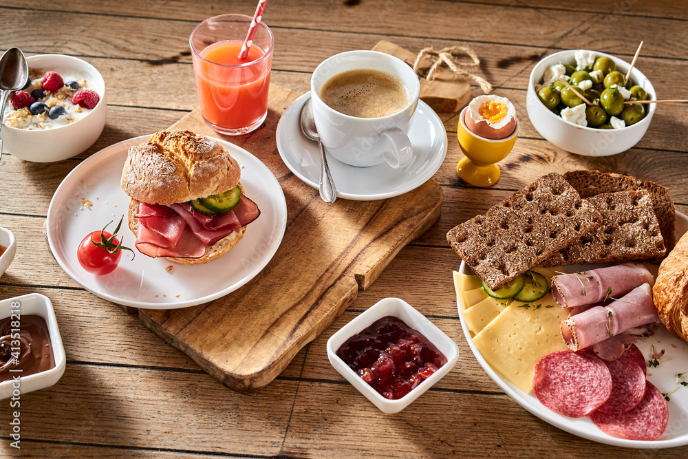 Gourmet breakfast menu concept with meat and cheese Gourmet breakfast menu concept with meat and cheese