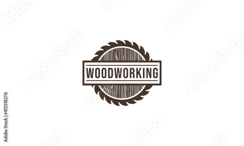 woodworking logo with a saw illustration and soft wood texture
