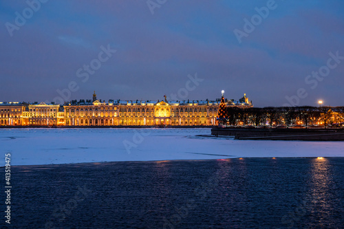 New Year's night St. Petersburg. The Arrow of Vasilyevska Island