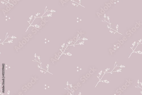 seamless pattern with floral, botanical elements, branches with leaves, flower buds and berries, ornamental plants, stylized vector graphics