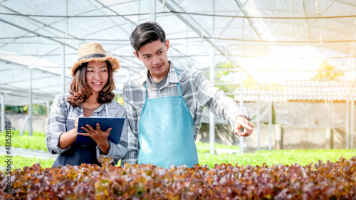 2 Farmer inspect the quality of vegetable organic salad and lettuce from hydroponic farm and make notes on clipboard to give customers the best product