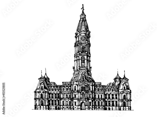 Philadelphia City Hall sketchy hand drawn black and white monochromic illustration. classic American architecture . gothic clock tower. city hall front elevation 