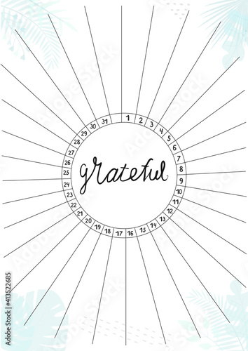 Gratitude log, printable A4 paper sheet with blank lines to fill and tropical leaves. Minimalist planner of grateful for journal page, tracker, daily planner template, blank for notebook.