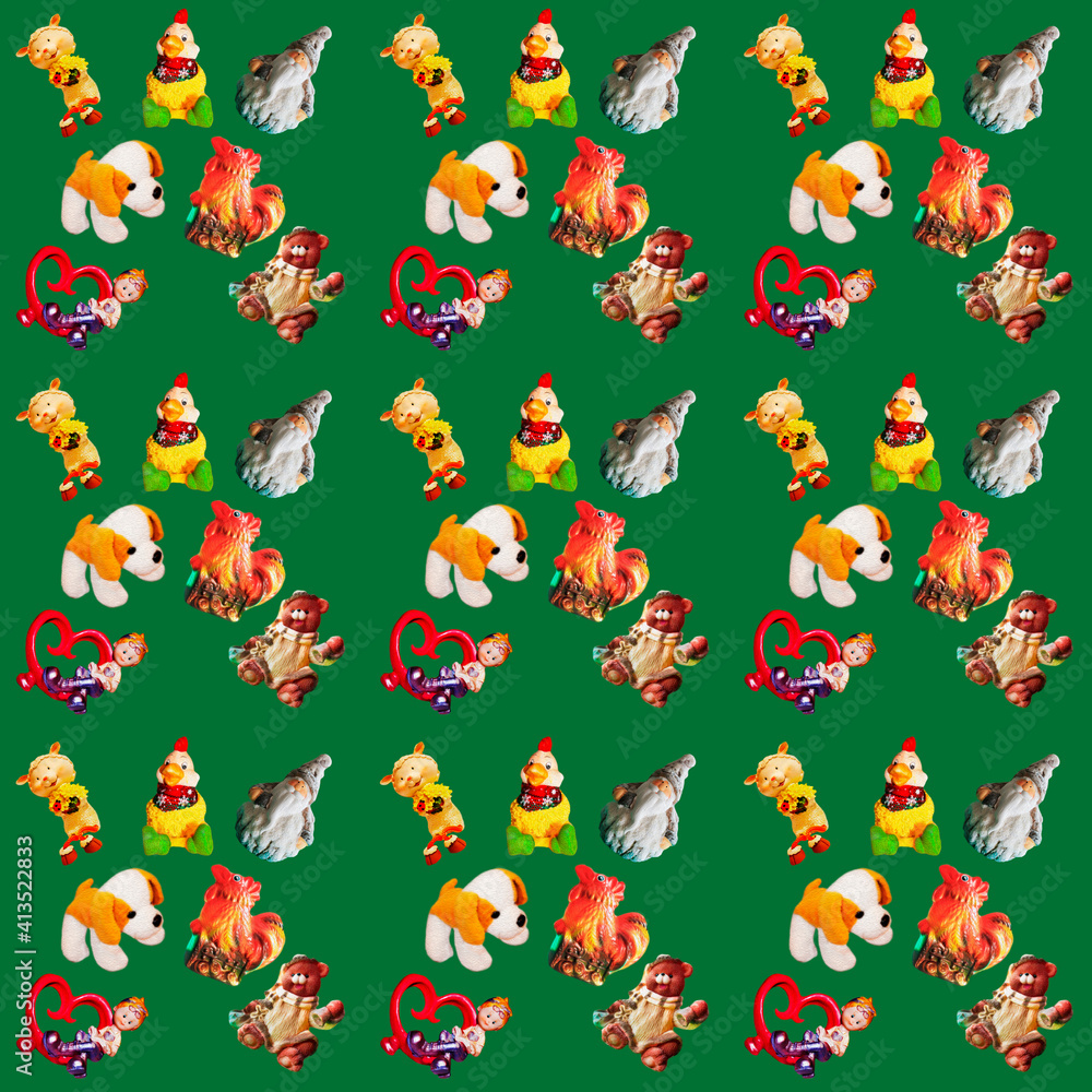 Obraz premium Pattern for children's festive packaging, background for designers and wallpapers, seamless texture with sheep, cockerel, chick, santa claus, dog, girl, bear on a green background