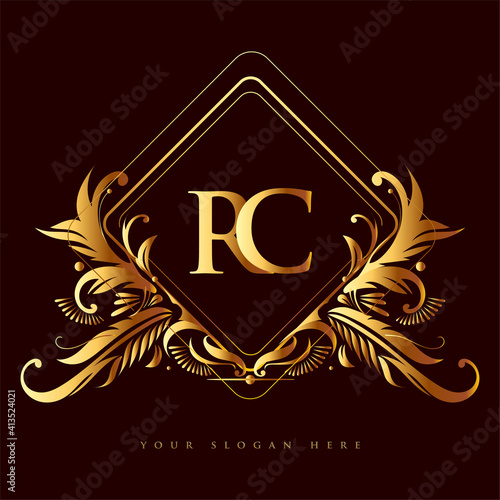 Initial logo letter RC with golden color with ornaments and classic pattern, vector logo for business and company identity.
