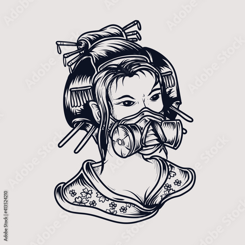tattoo and t-shirt design black and white hand drawn geisha with gas mask