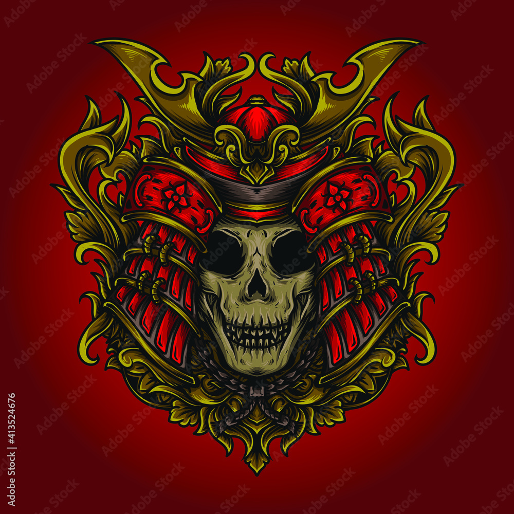 artwork illustration and t-shirt design samurai skull engraving ornament