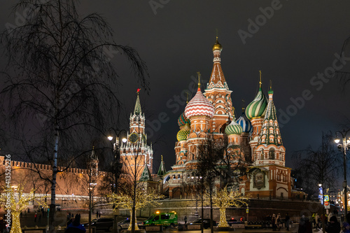 View of the Moscow Kremlin and St. Basil's Cathedral from Zaryadye park. Cristmas time in Moscow, Russia.