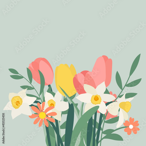 Bouquet of spring flowers tulips and daffodils. Vector Illustration. EPS10