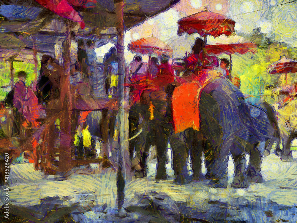 Elephants raised for passenger services of tourists in Ayutthaya Illustrations creates an impressionist style of painting.