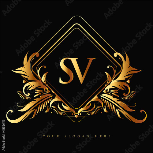 Initial logo letter SV with golden color with ornaments and classic pattern, vector logo for business and company identity.