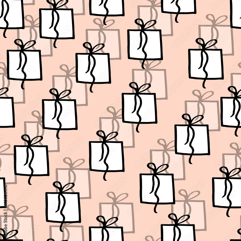 Holiday seamless pattern with present on color background. Vector illustration for Birthday, Merry Christmas, New year. Template design for invitation, poster, card, fabric, textile. Doodle style. Holiday seamless pattern with present on color background. Vector illustration for Birthday, Merry Christmas, New year. Template design for invitation, poster, card, fabric, textile. Doodle style.