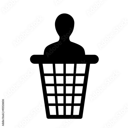 Expendable, redundant and worthless person, human and man is thrown into dustbin, dust bin and garbage can. Metaphor of dismissal. Vector illustration isolated on white.