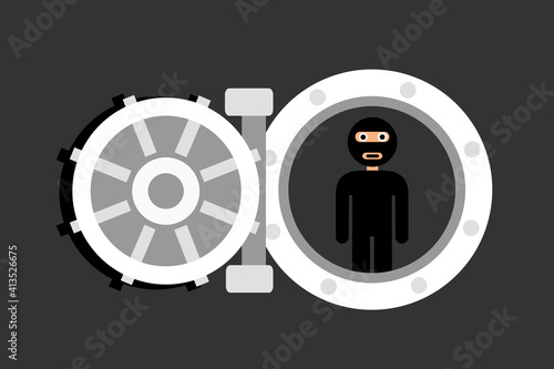 Strongbox, vault, safe and strongroom is robbed by robber and thief. Person is wearing black mask on the head. Property crime. Vector illustration.