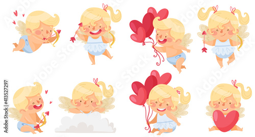 Set of ute baby boys and girls angel.Valentine's Day card. Vector illustration