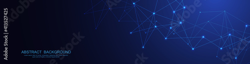 Website header or banner design with abstract polygonal background and connecting dots and lines. Global network connection. Digital technology with plexus background and space for your text