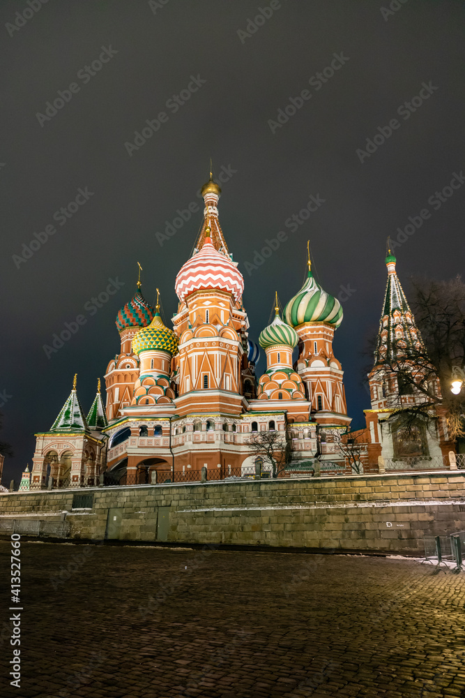 View of the Moscow Kremlin and St. Basil's Cathedral. Cristmas time in Moscow, Russia.