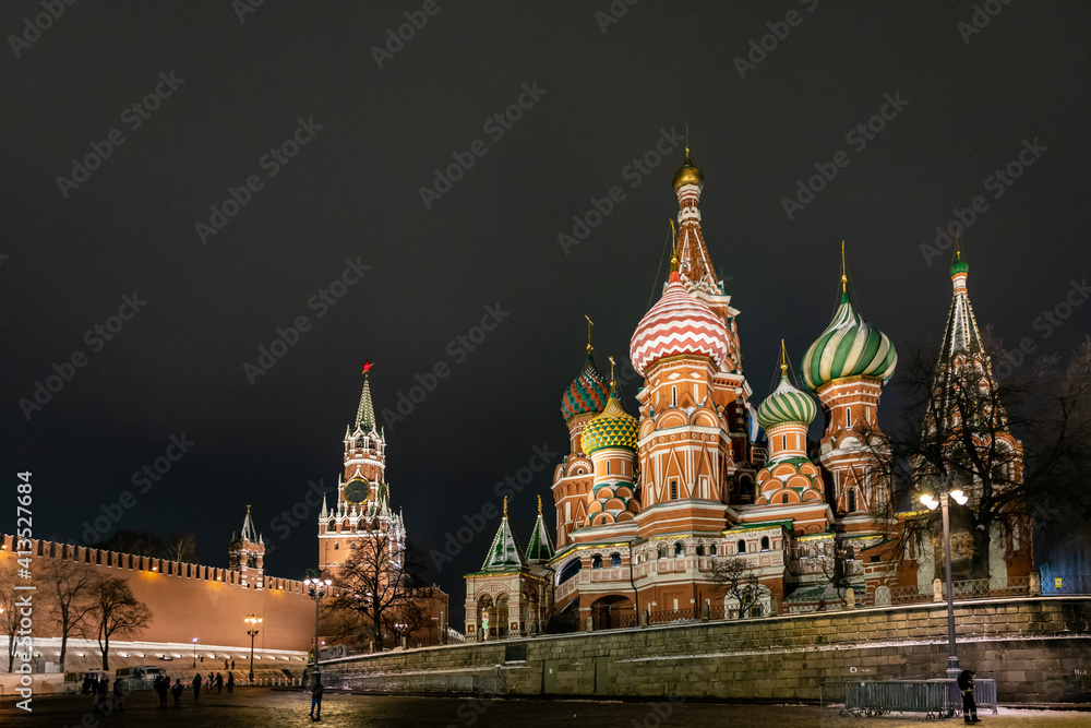 View of the Moscow Kremlin and St. Basil's Cathedral from Zaryadye park. Cristmas time in Moscow, Russia.