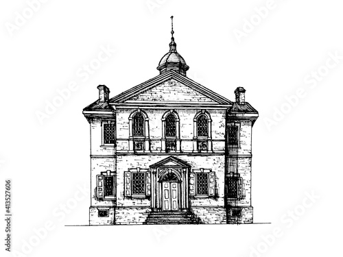 Philadelphia Carpenters Hall sketchy black and white image. Hand drawn illustration of an American land mark. Classic colonial architecture front elevation. Main entrance. Print, logo, label   
