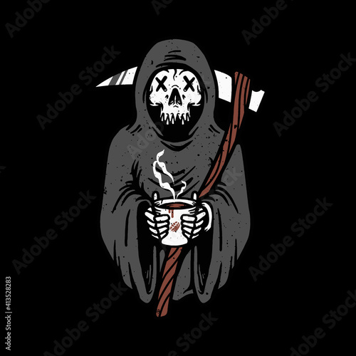 Skull grim reaper love coffee graphic illustration vector art t-shirt design