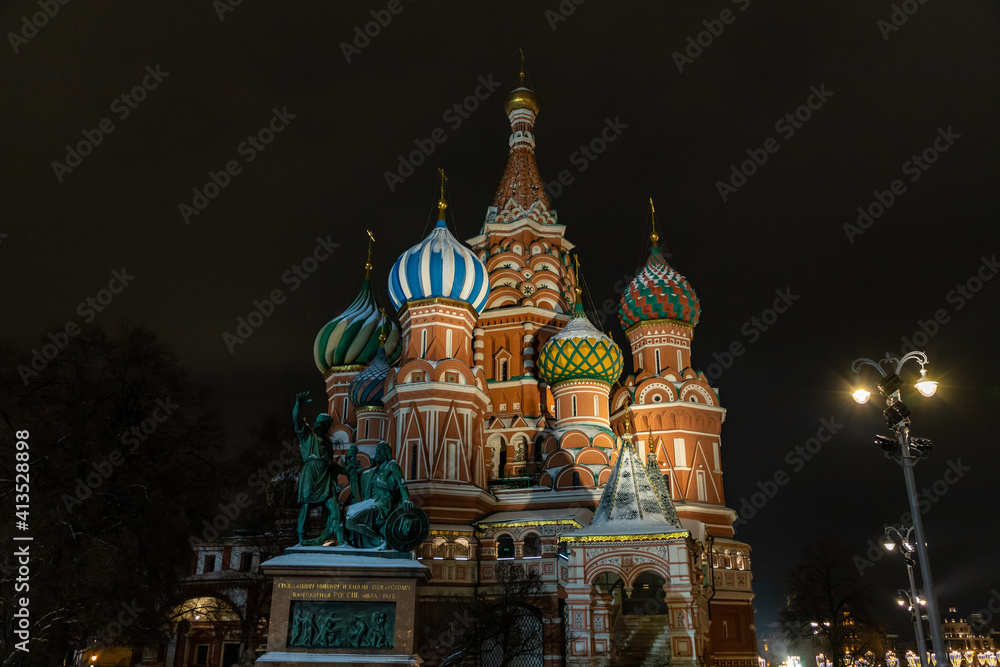St. Basils cathedral on Red Square in Moscow. Winter Christmas time. Russian landmark. Moscow, Russia