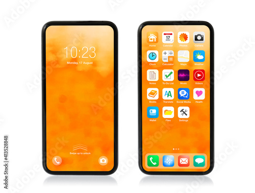 Mobile phone with locked and home screens isolated on white, mockup of user interface and app icons.