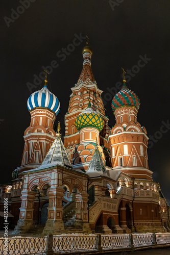 St. Basils cathedral on Red Square in Moscow. Winter Christmas time. Russian landmark. Moscow, Russia