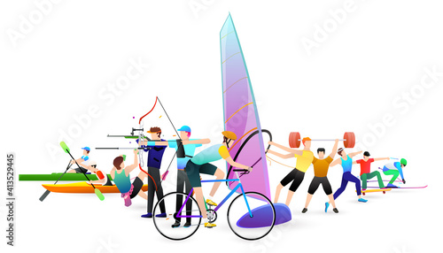 Vector illustration of sports background design with sport players in different activities.