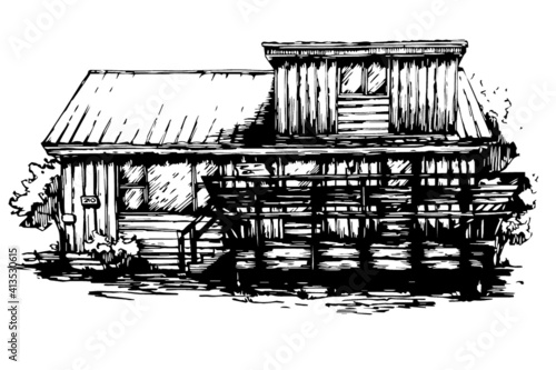 Wooden cabin house in the woods. Nice cozy vacation escape place in the mountains. Sketchy black and white freehand drawing. Logo, postcard, label